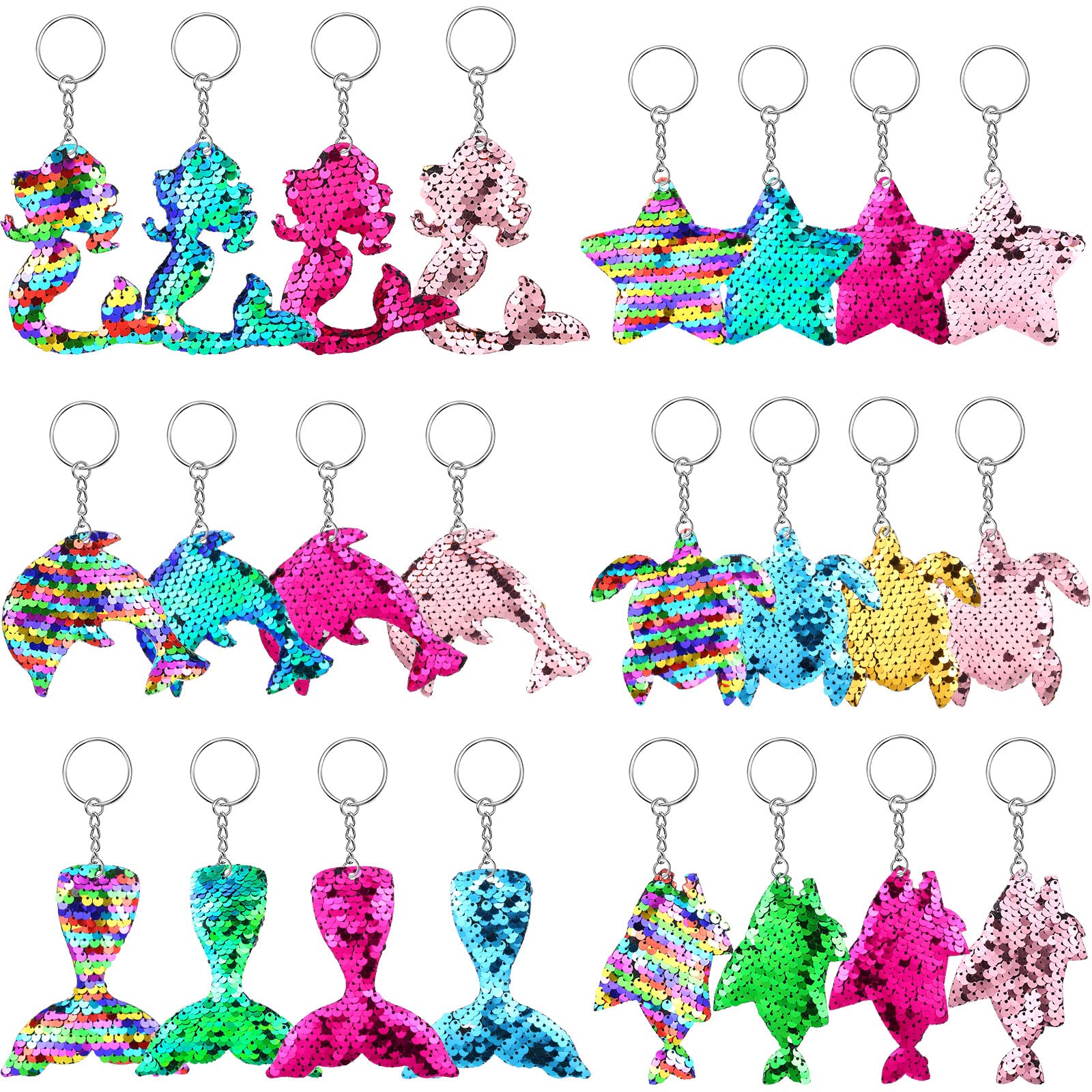 24 Pcs Mermaid Sequin Keychains Ocean Theme Kids Keychains Tropical Rainforest Theme Keychains Reversible Girls Christmas Party Favor Key Chains Glitter Key Chains for Adults Kid (Ocean Style)