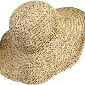 Women Straw Hat Wide Brim Beach Sun Cap Foldable Large Lady Floppy 100% Natural Paper Braided for Travel Decoration Summer Vacation Soft Lightweight and Breathable (Beige)