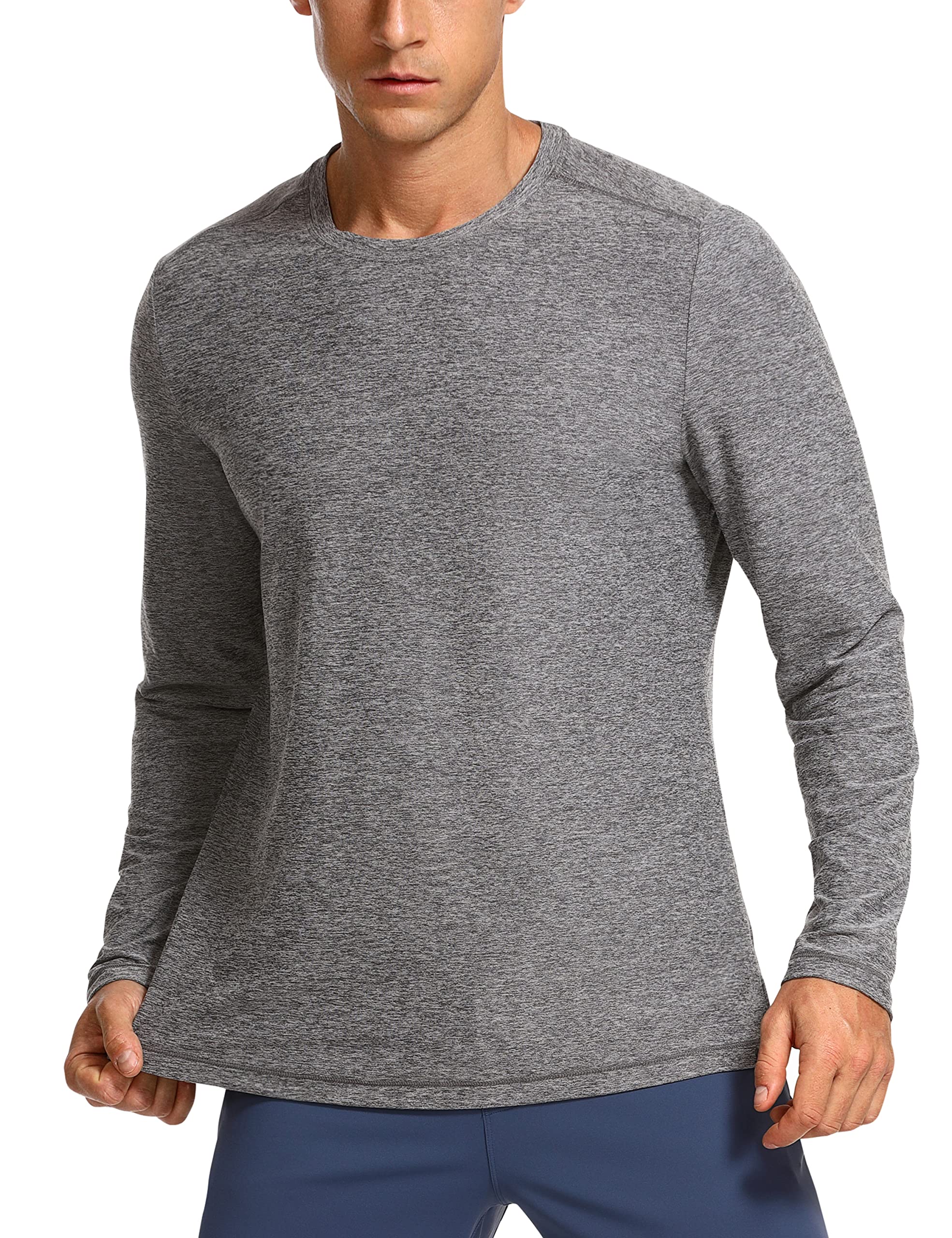 CRZ YOGA Men's Lightweight Long Sleeve T-Shirts Slim Fit Crew Neck Quick Dry Soft Athletic Workout Tee Tops Platinum Heather X-Large