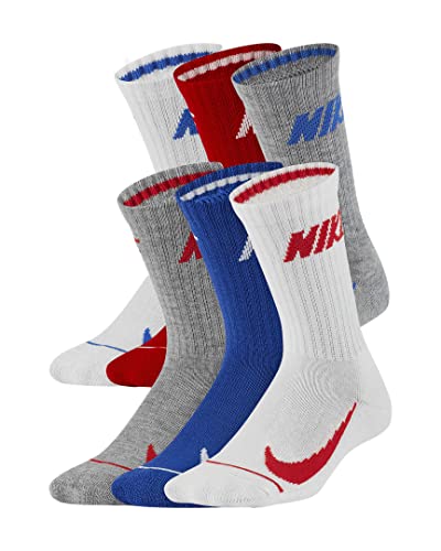 Nike Boy`s Cushioned Crew Socks 6 Pack (Grey(BN0509-U89)/B_W, 5-7(Kids 10C-3Y))