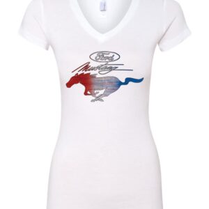 Ford Mustang Shirt USA Flag Mustang Emblem Cars and Trucks Womens Junior Fit V-Neck Tee, White, XX-Large