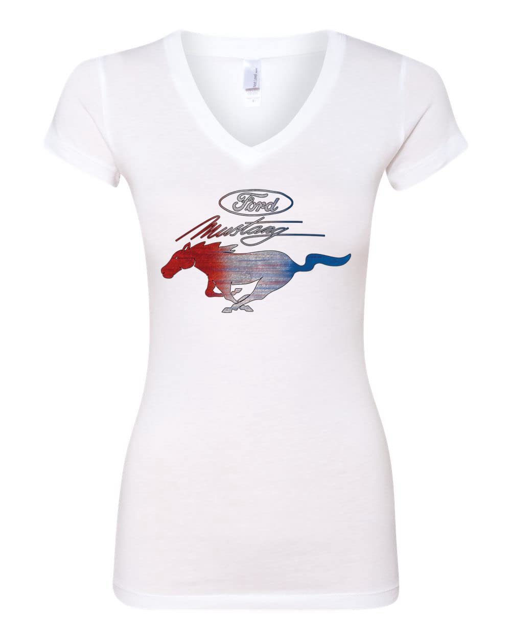 Ford Mustang Shirt USA Flag Mustang Emblem Cars and Trucks Womens Junior Fit V-Neck Tee, White, XX-Large