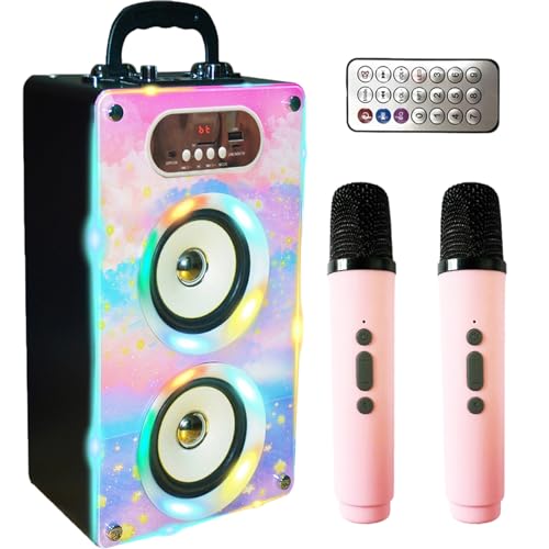 KaraMuizi Wooden Bluetooth Karaoke Machine with 2 Wireless Microphones, Wireless Speaker with LED Music Speaker MP3 Player for Kids and Adult for for Party Birthday Gift (Wireless Microphones,Cloud)