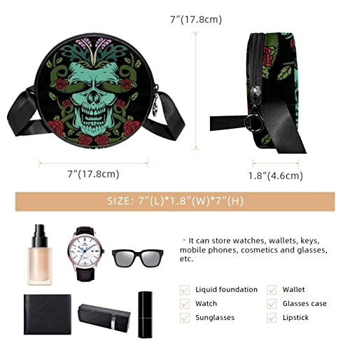 Skull with Roses Decoration Crossbody Bag for Women Teen Girls Round Canvas Shoulder Bag Purse Tote Handbag Bag