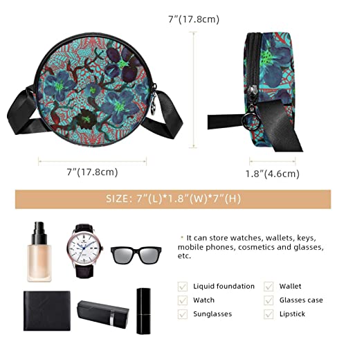 Dark Blue Watercolor Flower Abstract Branches Crossbody Bag for Women Teen Girls Round Canvas Shoulder Bag Purse Tote Handbag Bag