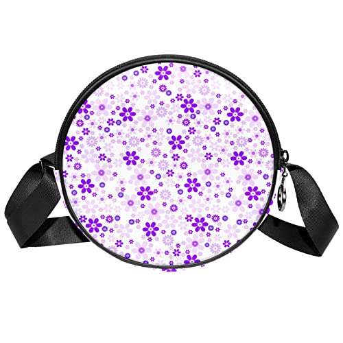 Purple Sweet Flower Floral Crossbody Bag for Women Teen Girls Round Canvas Shoulder Bag Purse Tote Handbag Bag