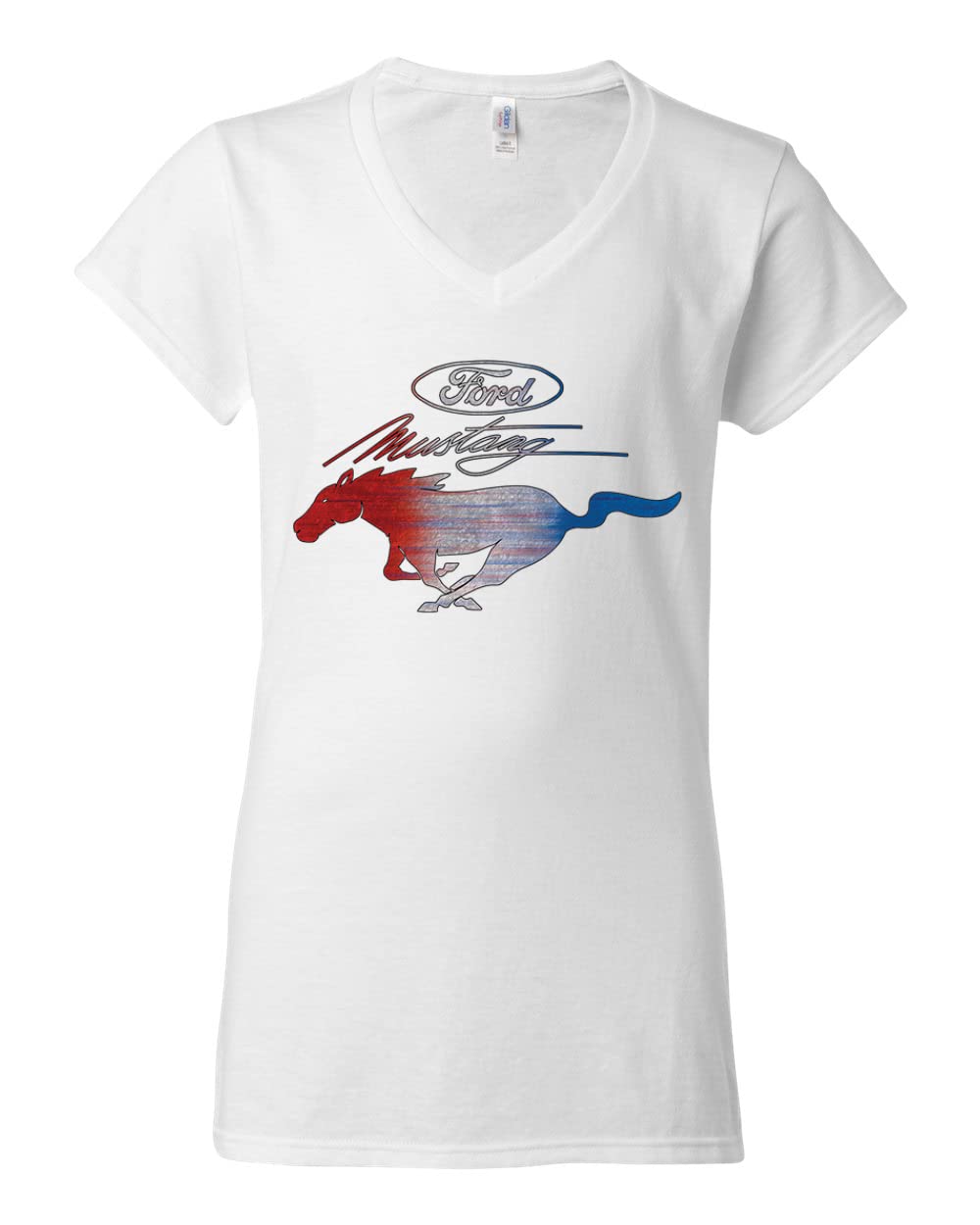 Ford Mustang Shirt USA Flag Mustang Emblem Cars and Trucks Women’s Standard V-Neck Tee, White, XX-Large