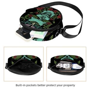 Skull with Roses Decoration Crossbody Bag for Women Teen Girls Round Canvas Shoulder Bag Purse Tote Handbag Bag