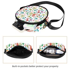 Beautiful Bird Floral Colorful Crossbody Bag for Women Teen Girls Round Canvas Shoulder Bag Purse Tote Handbag Bag