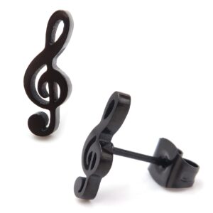 Stainless Steel Music Note Symbol G Clef Post Stud Earrings Black Color