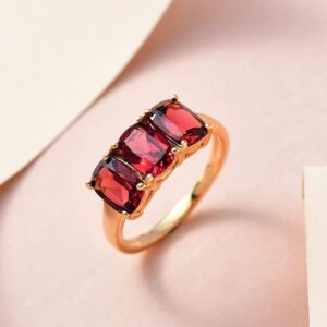 Shop LC Garnet Ring - Natural Cut Garnet Gemstones Set in 14K Yellow Gold Plated 925 Sterling Silver - Three Stone Engagement Promise Trilogy Rings for Women Costume Jewelry for Women