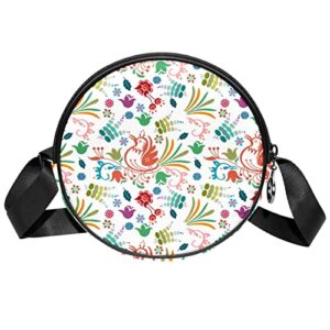 Beautiful Bird Floral Colorful Crossbody Bag for Women Teen Girls Round Canvas Shoulder Bag Purse Tote Handbag Bag