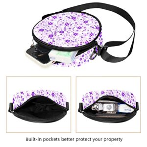 Purple Sweet Flower Floral Crossbody Bag for Women Teen Girls Round Canvas Shoulder Bag Purse Tote Handbag Bag