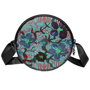 dark blue watercolor flower abstract branches crossbody bag for women teen girls round canvas shoulder bag purse tote handbag bag