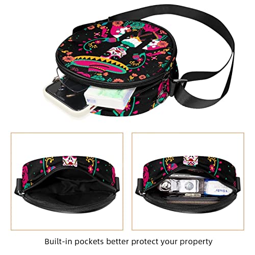 Skull Women Crossbody Bag for Women Teen Girls Round Canvas Shoulder Bag Purse Tote Handbag Bag