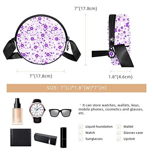 Purple Sweet Flower Floral Crossbody Bag for Women Teen Girls Round Canvas Shoulder Bag Purse Tote Handbag Bag