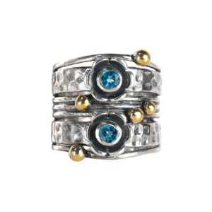 YoTreasure London Blue Topaz 925 Sterling Silver Brass Wide Band Statement Ring