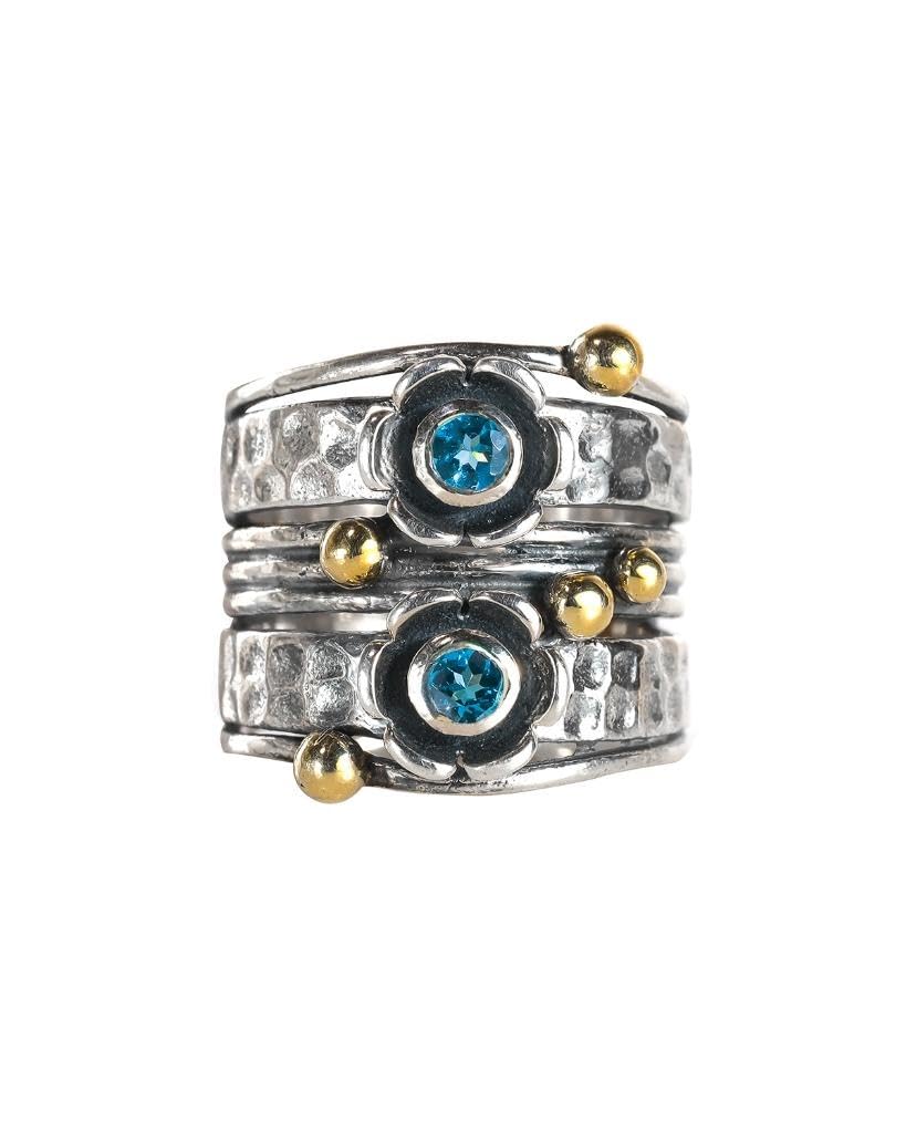 YoTreasure London Blue Topaz 925 Sterling Silver Brass Wide Band Statement Ring