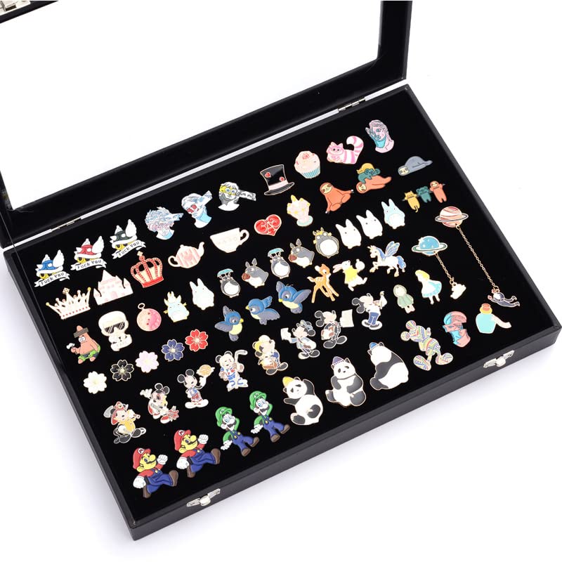 Wowagoga 11x8 Inch Dustproof Enamel Pin Display Case Shadow Box Frame with Hooks for Military Medal Jewelry Pin Badge Collection, Black