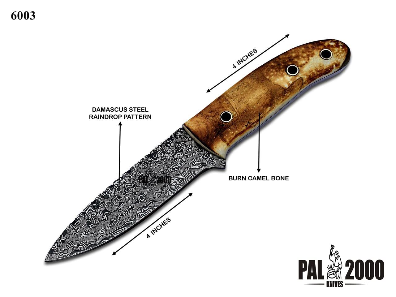 PAL 2000 KNIVES DAM-6003 Handmade Damascus Steel Knife Stained Camel Bone with Genuine Leather Sheath