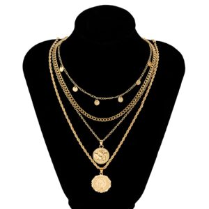 MJartoria Layered Necklaces for Women Trendy Retro Coin Pendant Chain Necklaces Dainty Link Chain Choker Necklaces for Jewelry Birthday Gifts (Gold)