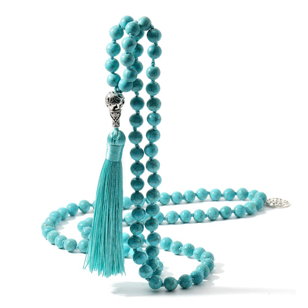 OAIITE 108 Mala Beads Necklace Semi-Precious Gem Stones Turquoise Necklace 108 Hand Knotted Japa Mala Beaded Tassel Necklace with Tree of Life Pendant