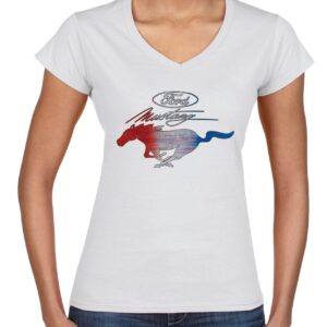 Ford Mustang Shirt USA Flag Mustang Emblem Cars and Trucks Women’s Standard V-Neck Tee, White, XX-Large