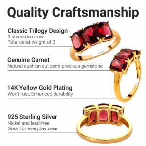 Shop LC Garnet Ring - Natural Cut Garnet Gemstones Set in 14K Yellow Gold Plated 925 Sterling Silver - Three Stone Engagement Promise Trilogy Rings for Women Costume Jewelry for Women