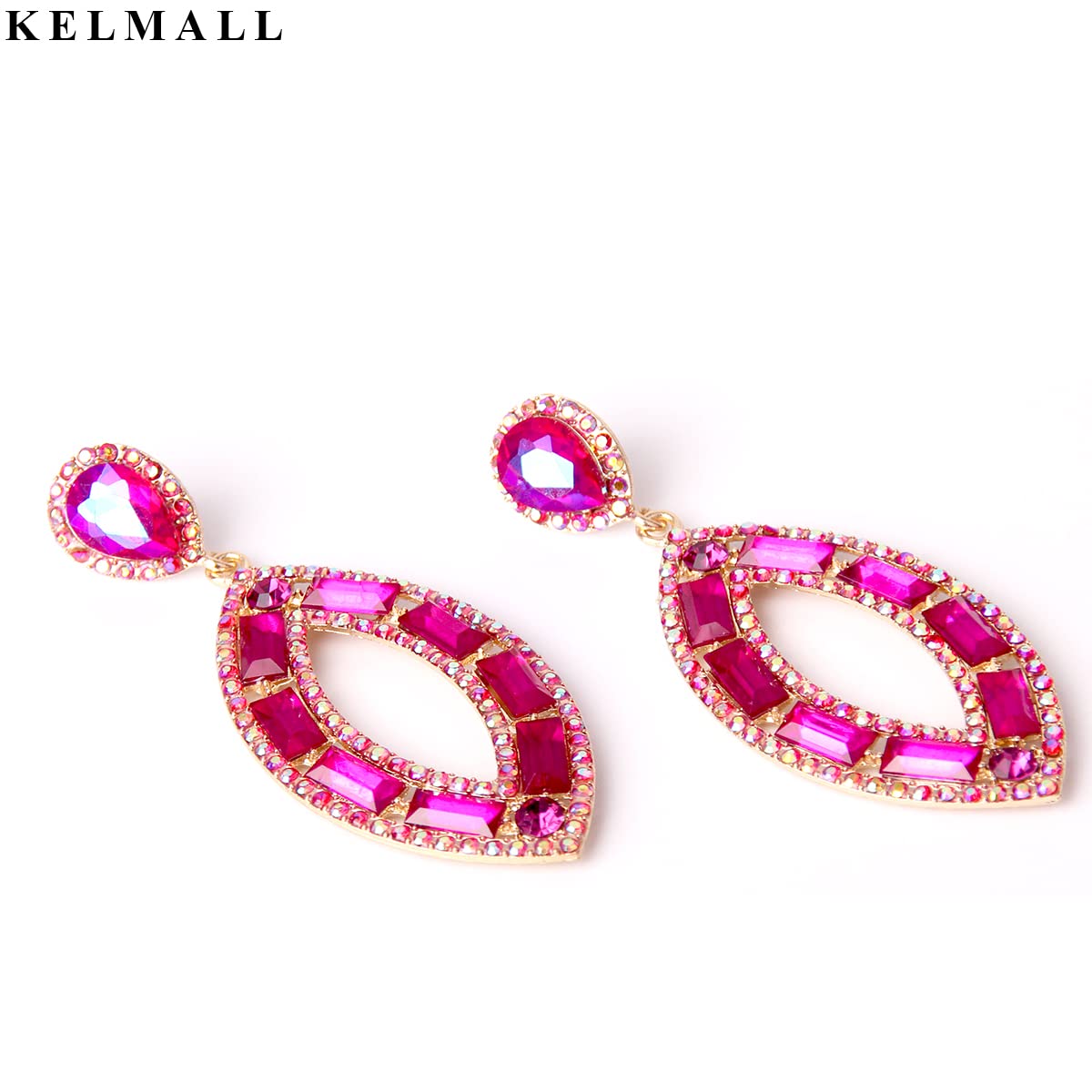 KELMALL Teardrop Rhinestone Earrings for Women Crystal Geometric Water drop Dangle Statement Earrings-Rose Pink