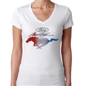 Ford Mustang Shirt USA Flag Mustang Emblem Cars and Trucks Womens Junior Fit V-Neck Tee, White, XX-Large