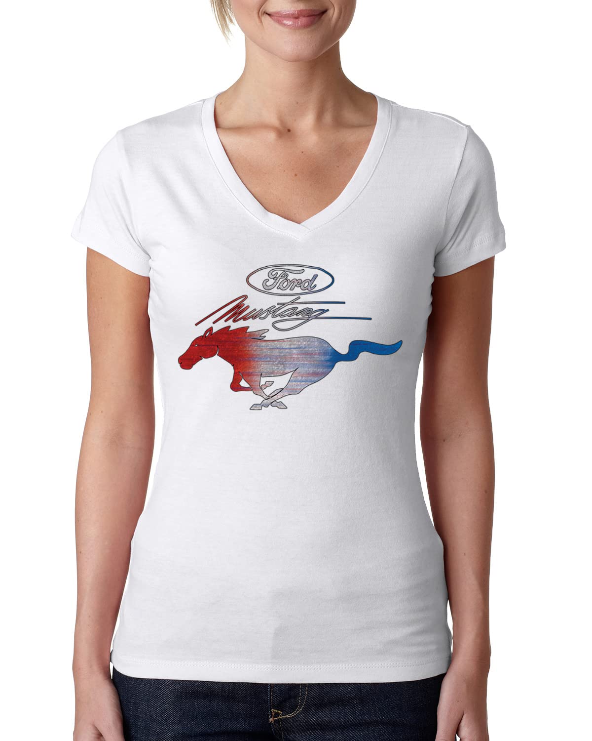 Ford Mustang Shirt USA Flag Mustang Emblem Cars and Trucks Womens Junior Fit V-Neck Tee, White, XX-Large