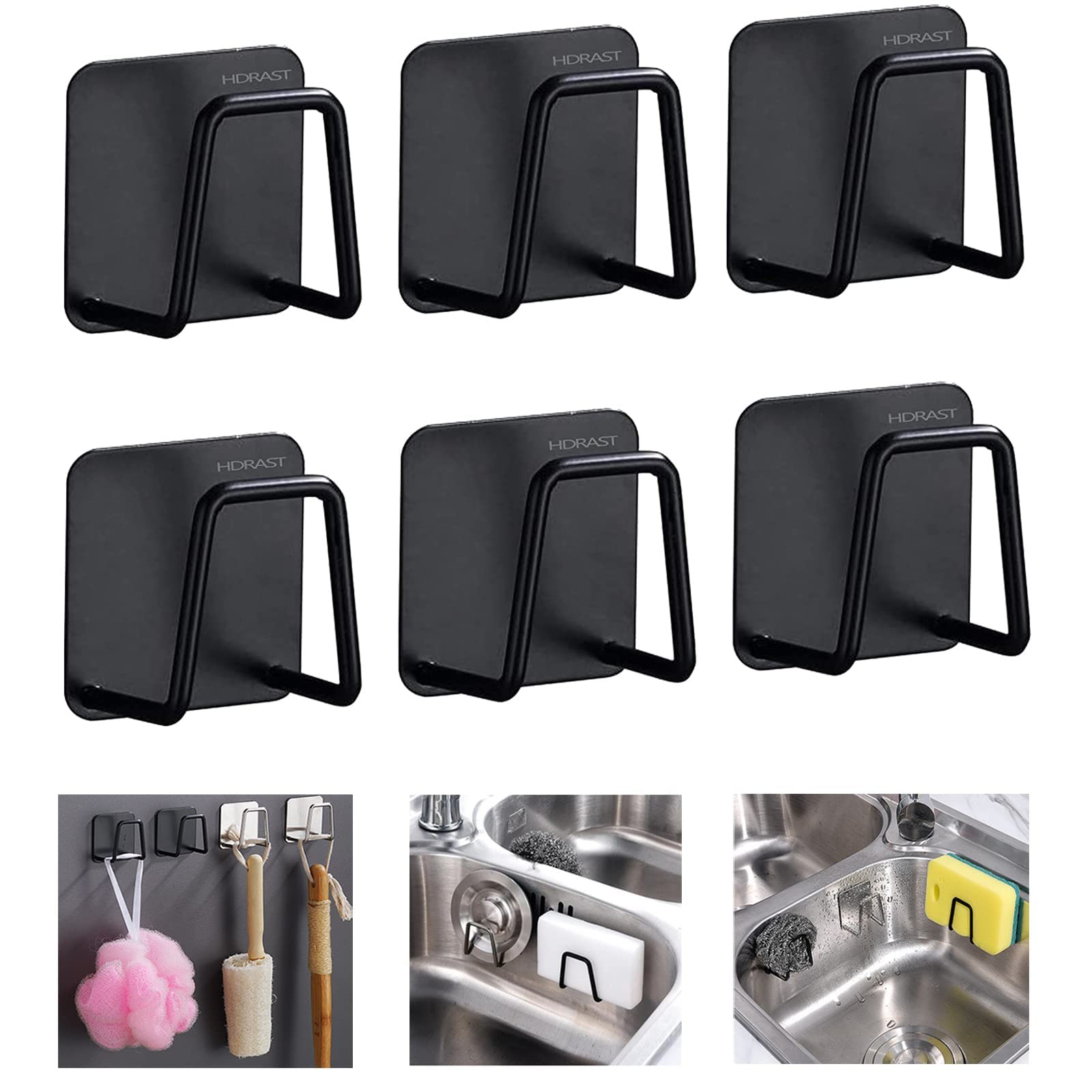 Adhesive Wall Hooks, Hooks for Hanging Wall Hanger Towel Hooks Heavy Duty Ideal for Bathroom Shower Kitchen Home Door Closet Cabinet Stainless Steel-6Pack-Black