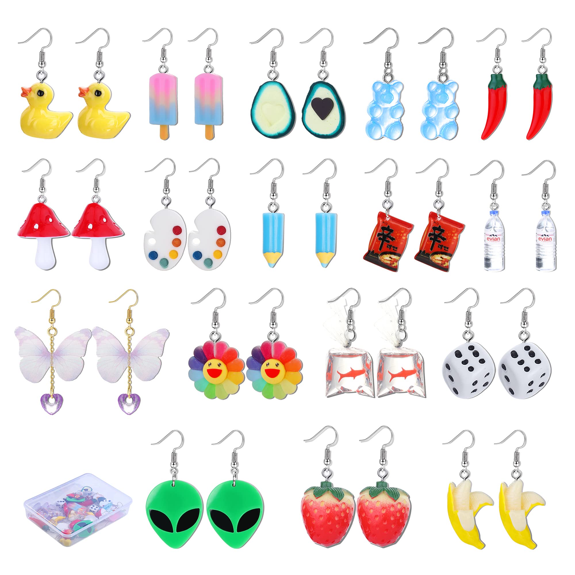 Sanfenly 17 Pairs Cute Weird Earrings Aesthetic Funny Earrings for Women Gummy Bear Duck Water Bottle Mushroom Butterfly Strawberry Banana Avocado Paint Palette Chili Funny Drop Dangle Earrings with