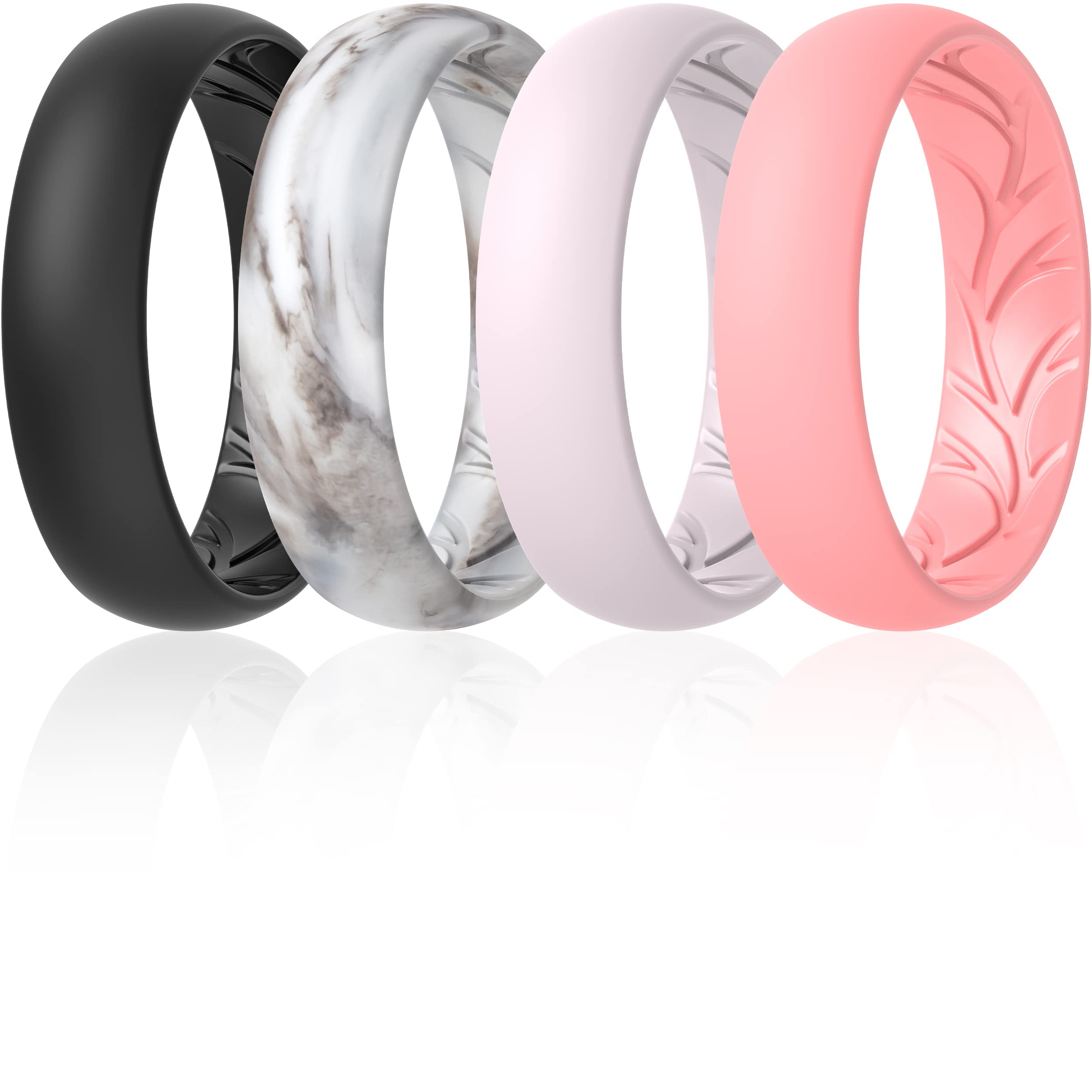 ThunderFit Women Silicone Wedding Bands, Breathable Leaf Cross Pattern Engagement Rings 5.5mm Wide 1.6mm Thick - 1/4 Variety Multipack (Black, Marble, Light Pink, Light Red, Size 8.5-9 (18.9mm))