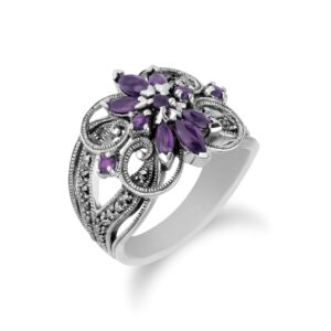 Gemondo USA 925 Sterling Silver Marquise Cut Amethyst & Marcasite Art Nouveau Ring