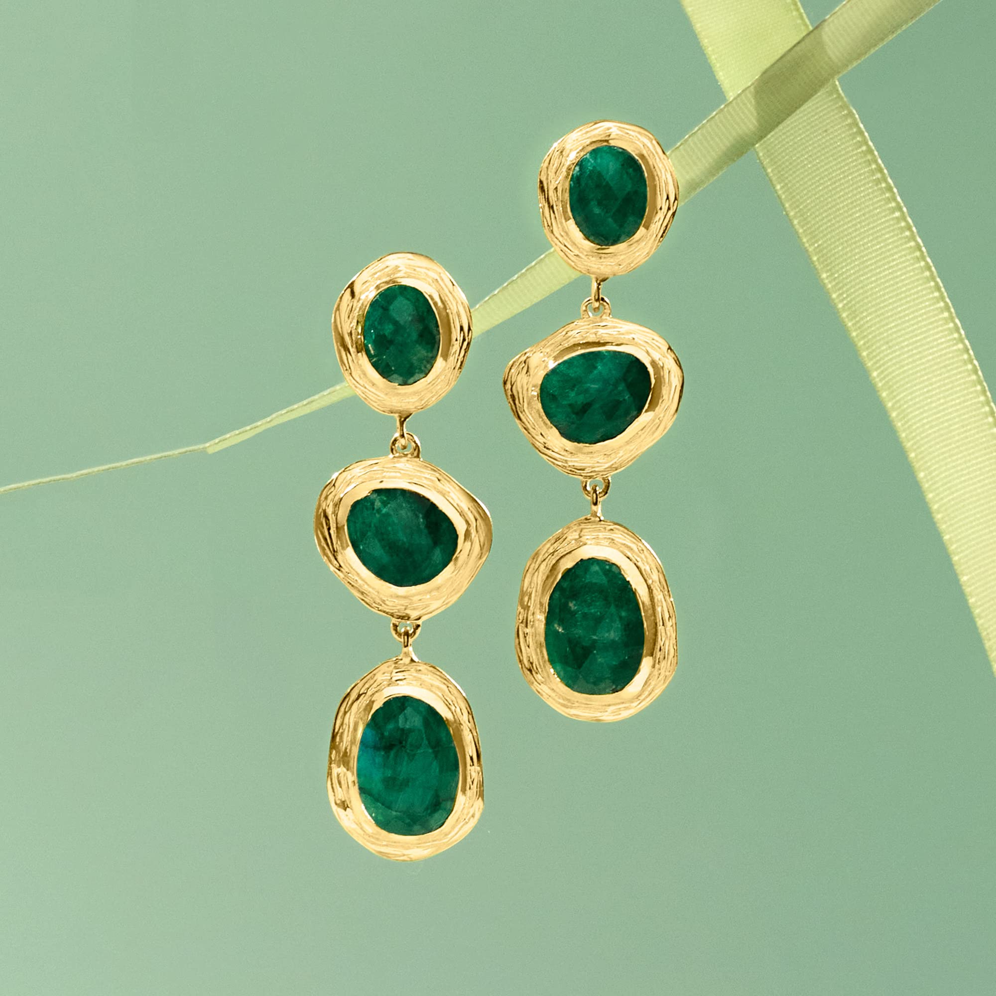 Ross-Simons 17.90 ct. t.w. Emerald Station Drop Earrings in 18kt Gold Over Sterling