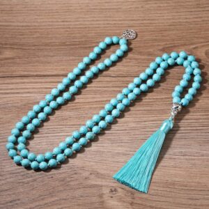 OAIITE 108 Mala Beads Necklace Semi-Precious Gem Stones Turquoise Necklace 108 Hand Knotted Japa Mala Beaded Tassel Necklace with Tree of Life Pendant