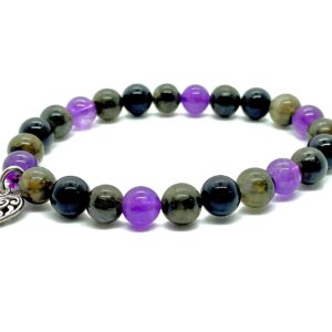 DCE Triple Stone OPTIMUM PROTECTION Gemstonets - Evil Eye for Protection - Labradorite - Amethyst - Black Tourmaline Beaded Healing Crystal Elastict with Heart Charm By DAZZLING CRYSTA