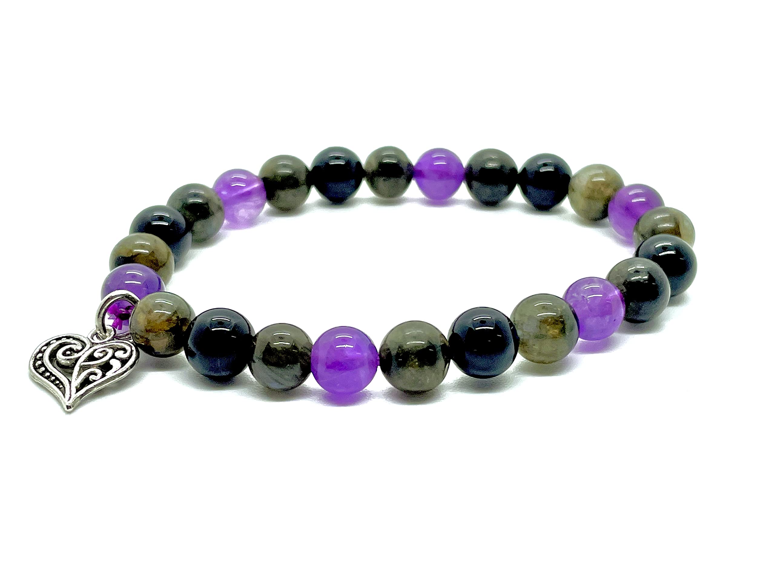 DCE Triple Stone OPTIMUM PROTECTION Gemstonets - Evil Eye for Protection - Labradorite - Amethyst - Black Tourmaline Beaded Healing Crystal Elastict with Heart Charm By DAZZLING CRYSTA