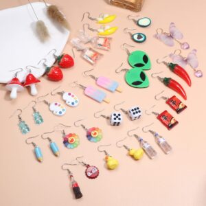 Sanfenly 17 Pairs Cute Weird Earrings Aesthetic Funny Earrings for Women Gummy Bear Duck Water Bottle Mushroom Butterfly Strawberry Banana Avocado Paint Palette Chili Funny Drop Dangle Earrings with