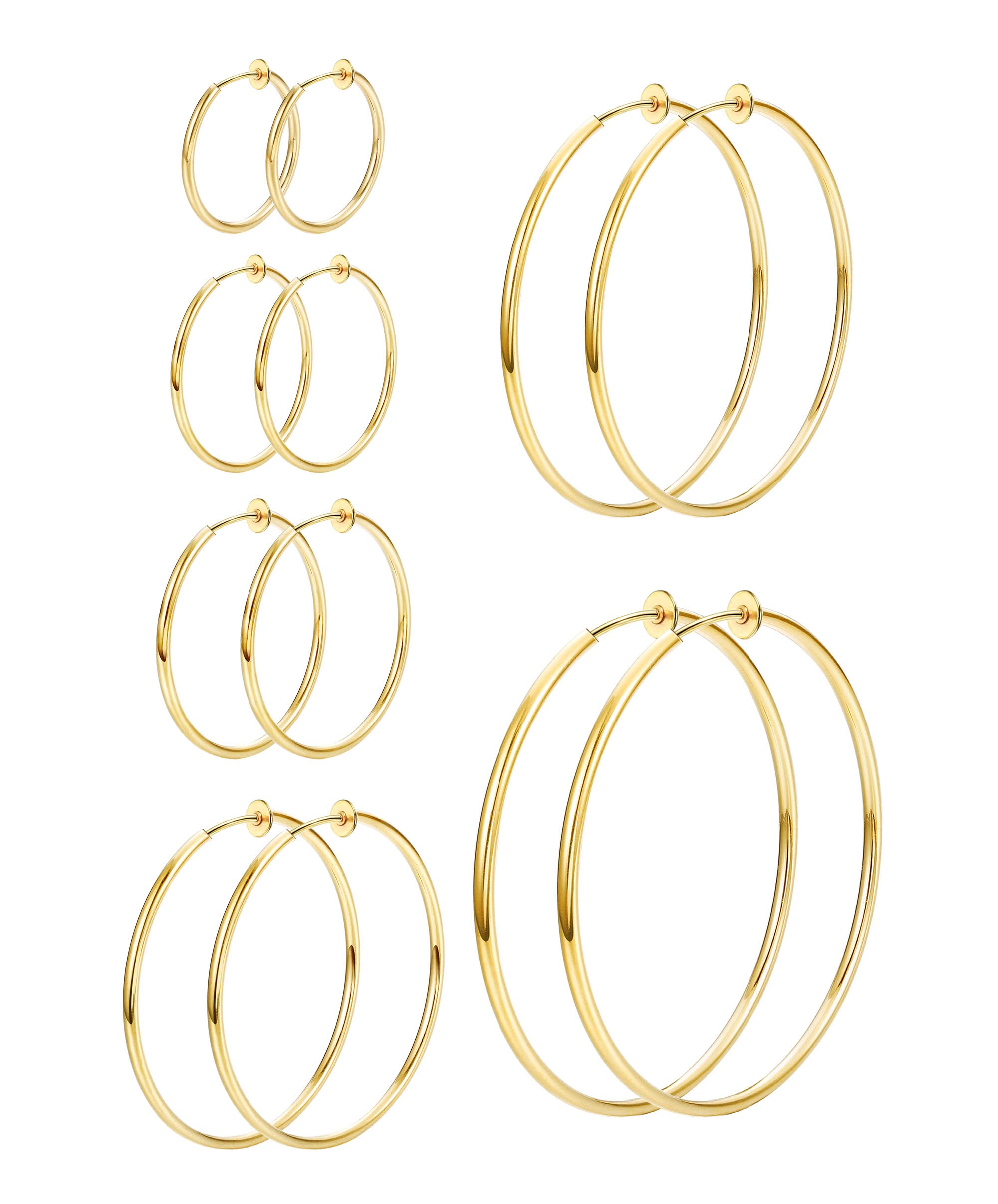 HAIAISO 6 Pairs Clip On Hoop Earrings for Women Fake Spring Hoop Earrings Set for Non-Pierced Ears Jewelry 6 Sizes(Gold)