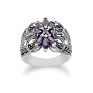 gemondo usa 925 sterling silver marquise cut amethyst & marcasite art nouveau ring