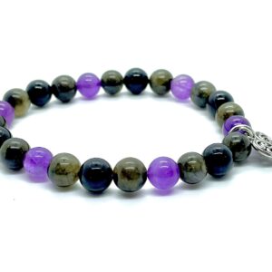 DCE Triple Stone OPTIMUM PROTECTION Gemstonets - Evil Eye for Protection - Labradorite - Amethyst - Black Tourmaline Beaded Healing Crystal Elastict with Heart Charm By DAZZLING CRYSTA