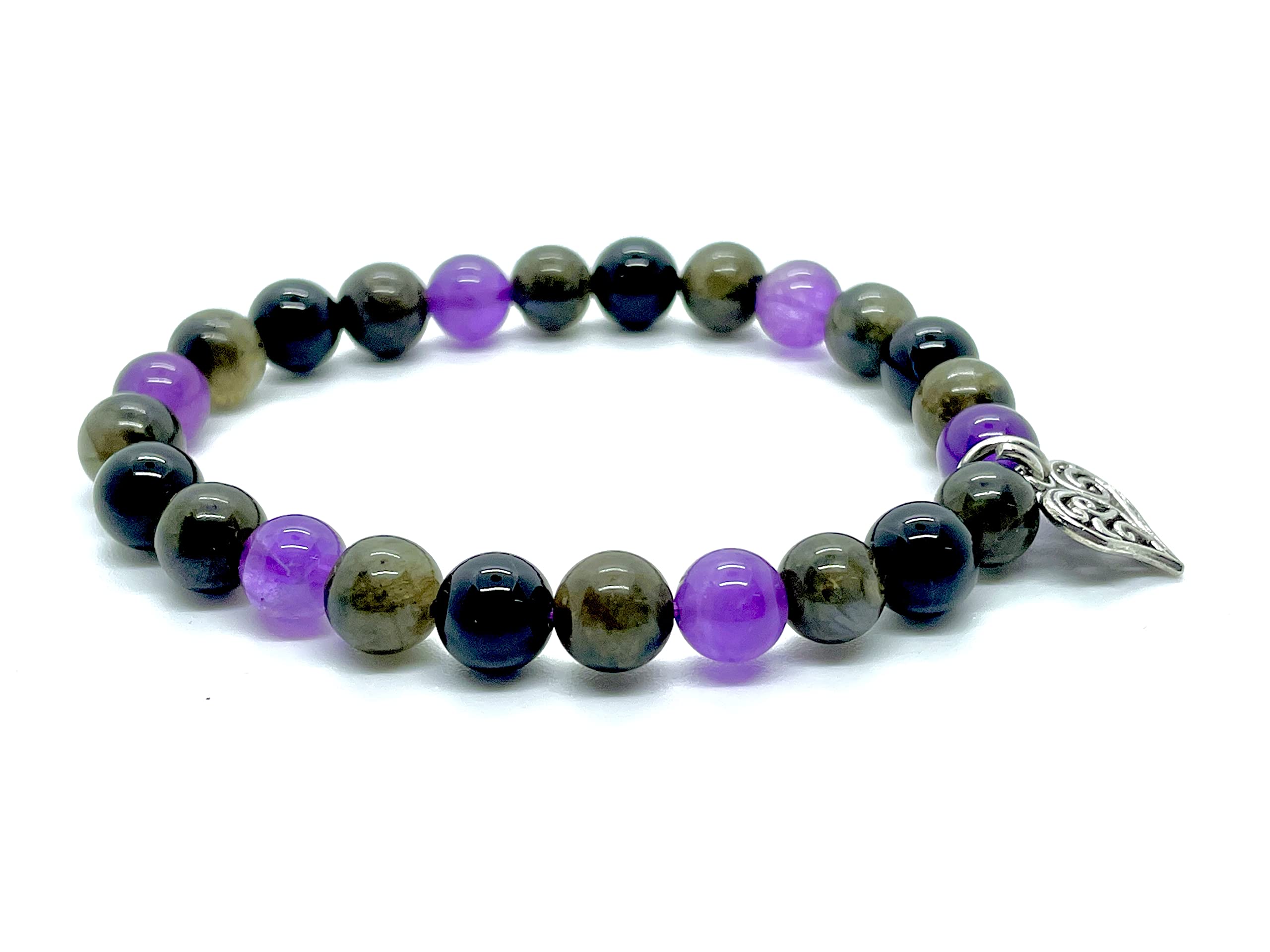 DCE Triple Stone OPTIMUM PROTECTION Gemstonets - Evil Eye for Protection - Labradorite - Amethyst - Black Tourmaline Beaded Healing Crystal Elastict with Heart Charm By DAZZLING CRYSTA