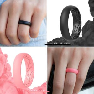 ThunderFit Women Silicone Wedding Bands, Breathable Leaf Cross Pattern Engagement Rings 5.5mm Wide 1.6mm Thick - 1/4 Variety Multipack (Black, Marble, Light Pink, Light Red, Size 8.5-9 (18.9mm))