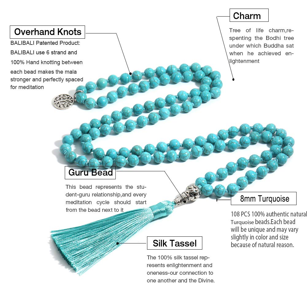 OAIITE 108 Mala Beads Necklace Semi-Precious Gem Stones Turquoise Necklace 108 Hand Knotted Japa Mala Beaded Tassel Necklace with Tree of Life Pendant