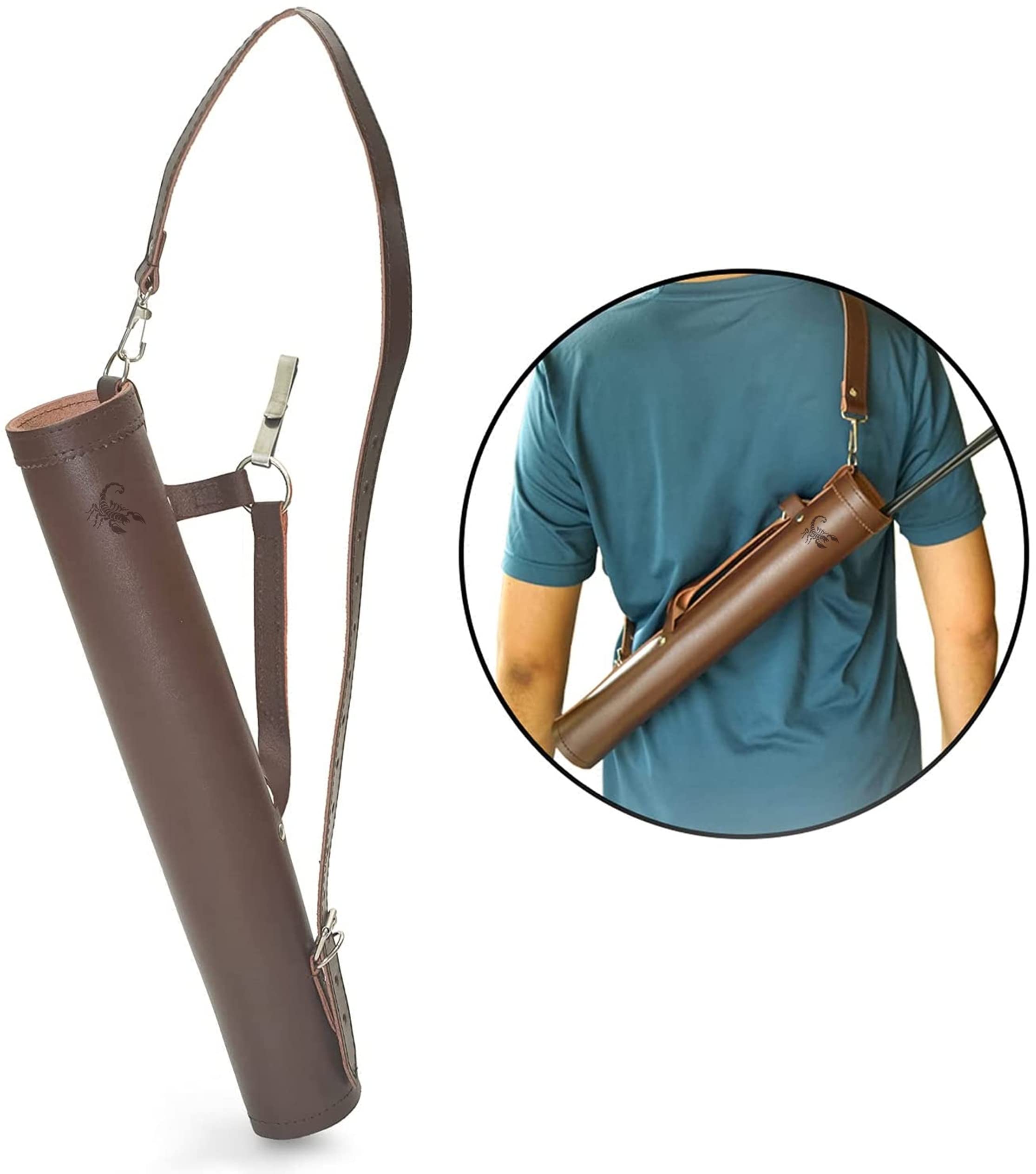 Scorpion Archery Back Arrow Quiver - Genuine Leather Arrow Case - Traditional Handmade Archery Quiver for Hunting & Target Practicing - Adjustable Lightweight & Comfortable Cow Leather) (Brown)