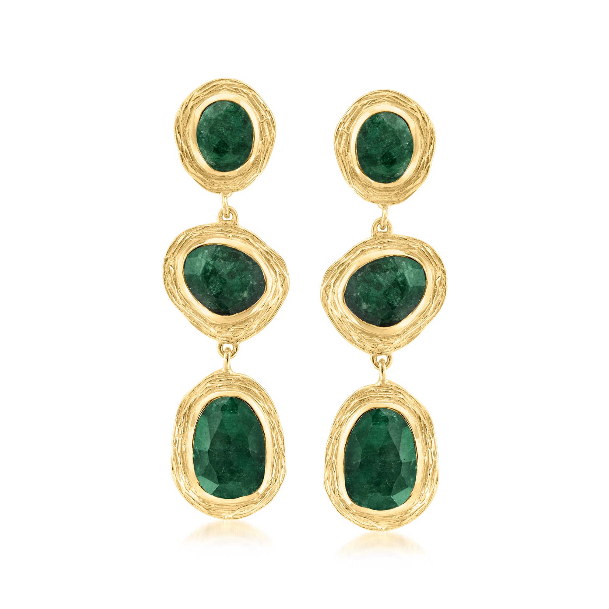 Ross-Simons 17.90 ct. t.w. Emerald Station Drop Earrings in 18kt Gold Over Sterling