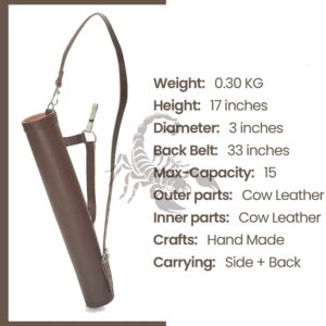 Scorpion Archery Back Arrow Quiver - Genuine Leather Arrow Case - Traditional Handmade Archery Quiver for Hunting & Target Practicing - Adjustable Lightweight & Comfortable Cow Leather) (Brown)