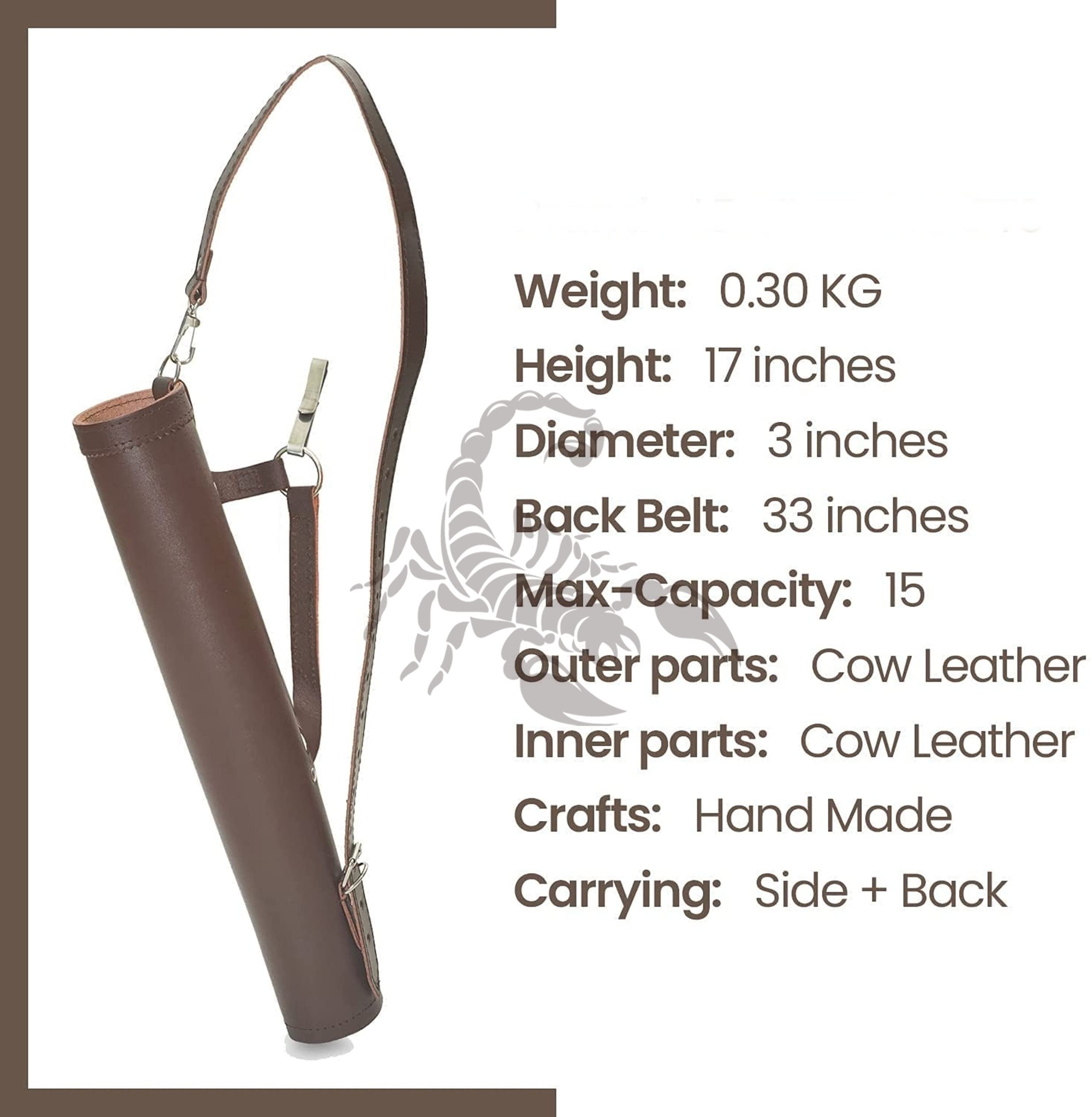 Scorpion Archery Back Arrow Quiver - Genuine Leather Arrow Case - Traditional Handmade Archery Quiver for Hunting & Target Practicing - Adjustable Lightweight & Comfortable Cow Leather) (Brown)